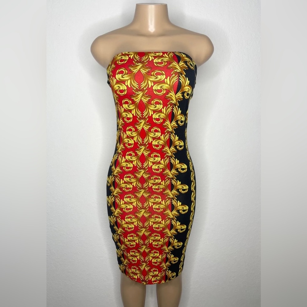 Strapless Women Dress Tube Stretchy Midi Dress Size Small Red